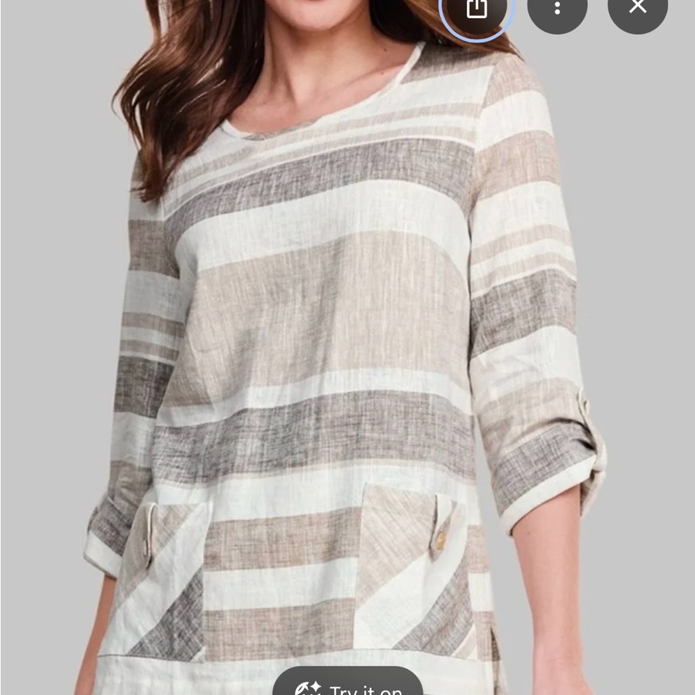 Appleseed’s Striped Beige and White Linen Blend Women's Top Size Small